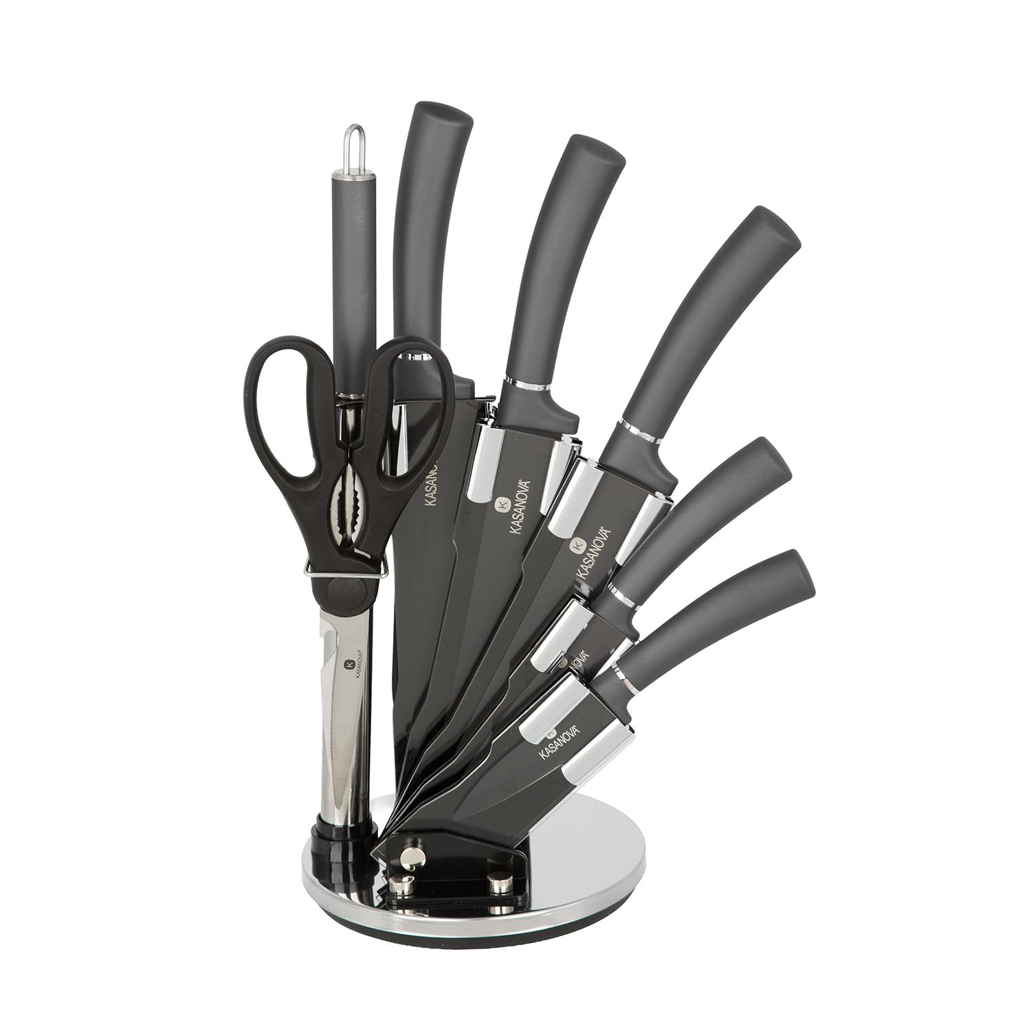 Set 5 coltelli grigi con forbici, affilacoltelli e stand