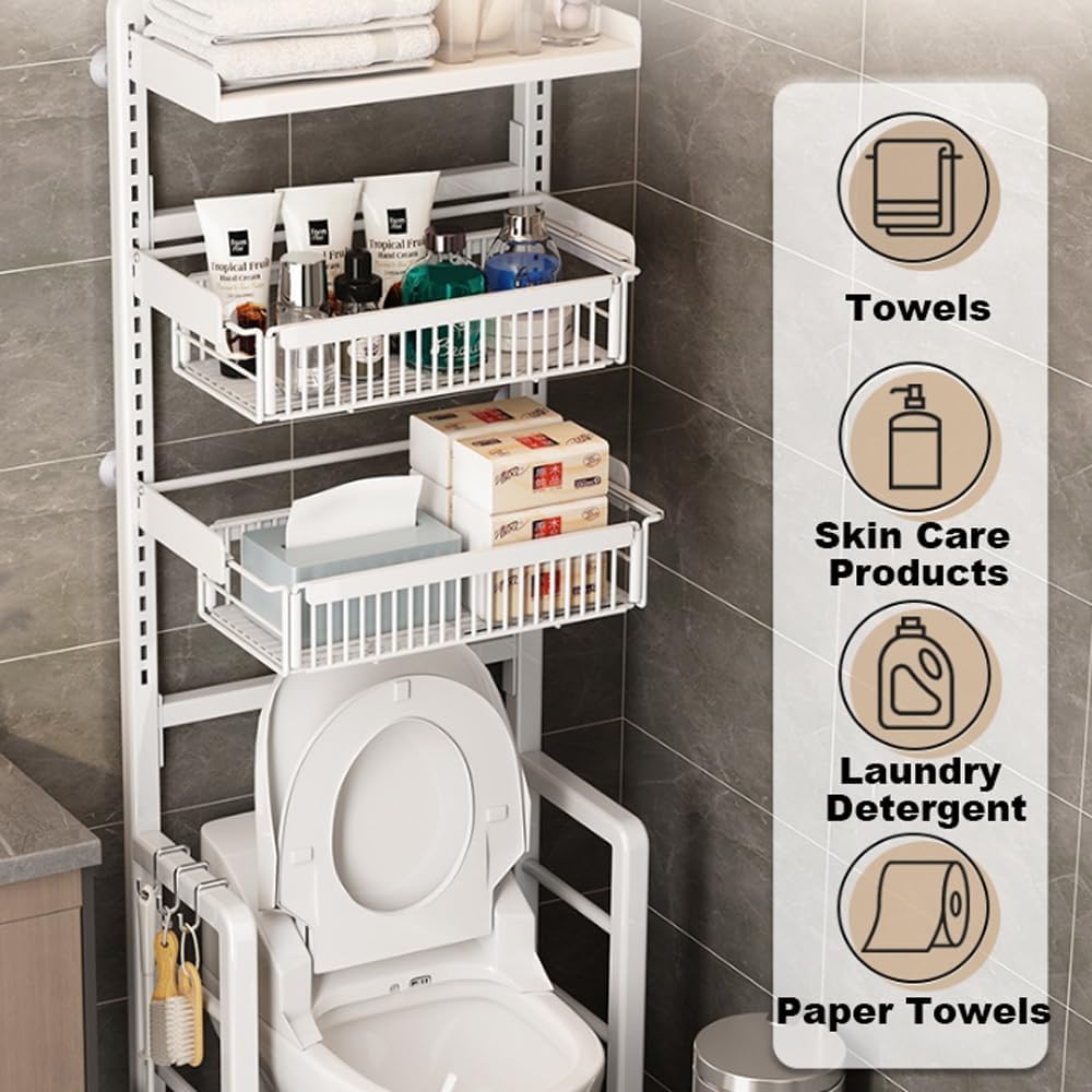 Over-The-Toilet Storage Shelf, 3 Tier Bathroom Organizers and Storage with 2 Pull-Out Storage Basket and 3 Hooks, Freestanding Space Saver Bathroom Shelves Above Toilet, Fit Most Toilets