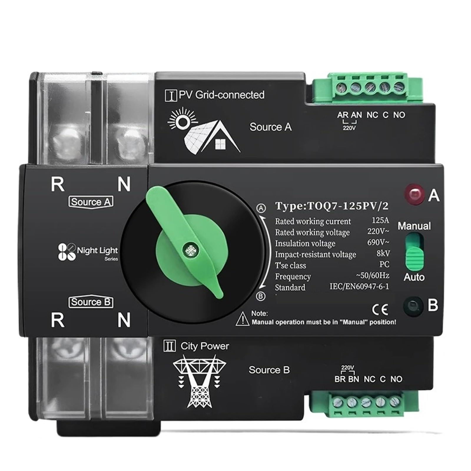 AC 220V 230V Rail Dual Power Trasferimento automatico Selettore elettrico Ininterrotto 2P 63A 100A 125A TOQ7 PV