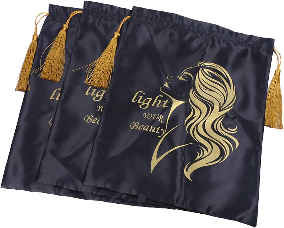 Satin Bags With Drawstring For Hair Extensions,Hair Packaging Bags For Bundles,Bags For Hair Bundles Wig Storage, Hair Tool Travel Bag,3 Pieces Drawstring Satin Hair Storage Bags (3 Pieces,Black)