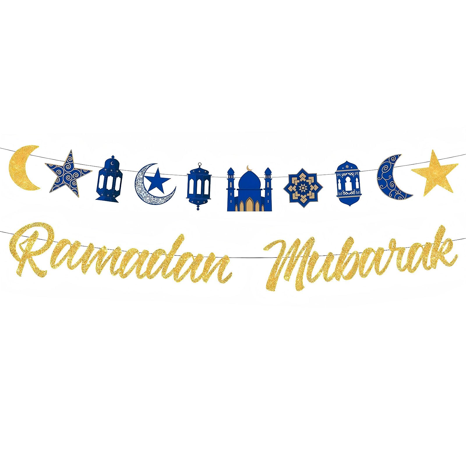 Ramadan Mubarak Banner Decorations for Home,Eid Decorations Bunting for Muslim Islamic Home Party Suppiles,Eid Mubarak Hanging Set with Blue and Gold Star Crescent Moon Lantern Elements
