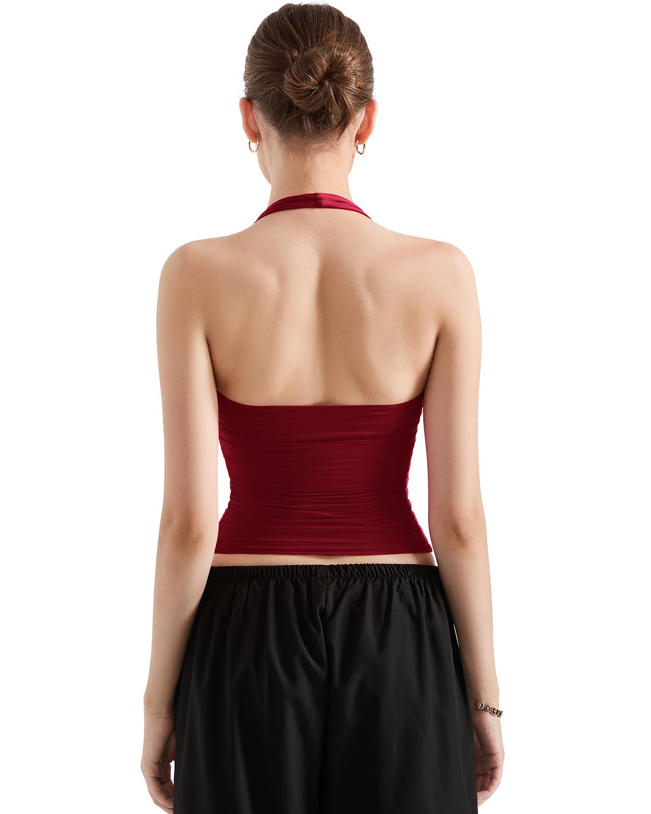 SUUKSESS Women Halter Tank Tops Double Lined Backless Y2K Trendy Going Out Tops: X-Small Wine Red
