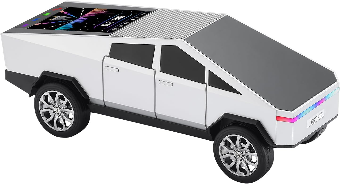 WSTER Cyber Pickup Bluetooth Replica Speaker with LED Display Screen – Considerate Gift for Car Design Fans & Audio Users, TWS Stereo, FM, USB/TF Playback, LED Headlights, Built-in Mic (Silver)