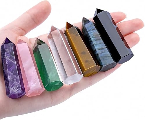 Top Plaza 7 varitas de cristal curativo con caja de regalo de 22 pulgadas cuarzo rosa amatista de cuarzo transparente ojo de tigre obsidiana