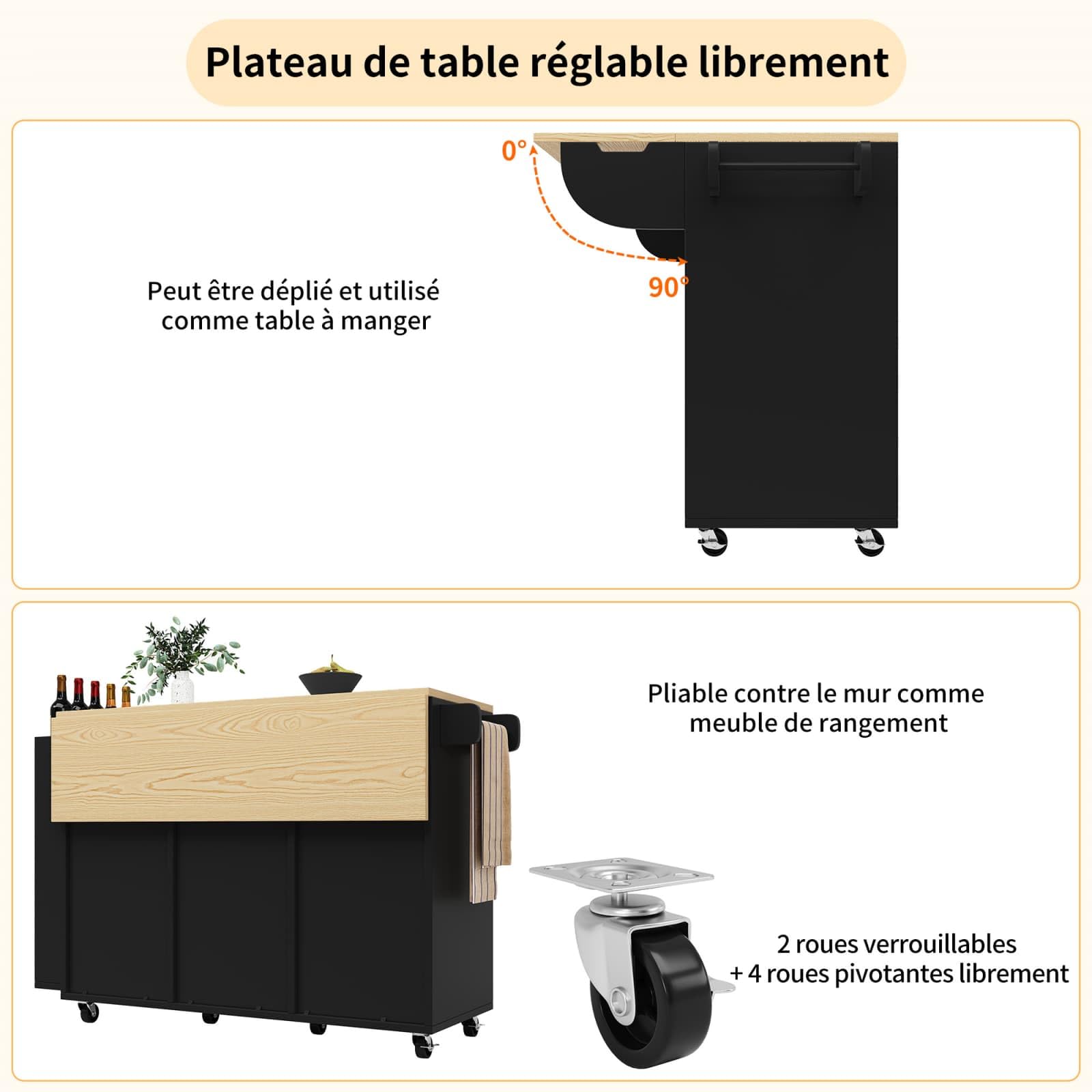 PUGSDRLY Desserte Cuisine à roulettes,Buffet Cuisine de Rangement avec Plateau de Table Pliable,3 Tiroirs et 2 Portes coulissantes,Espace de Rangement Multifonctionnel,avec Porte Serviettes (Noir-A)