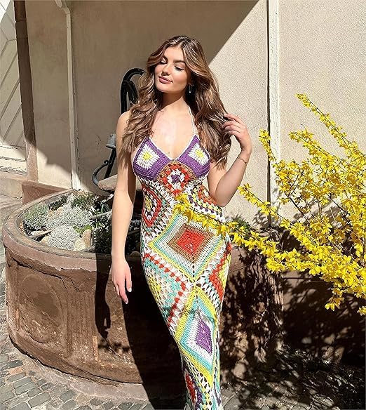 BELLA BARNETT Colorful Crochet Dress Maxi Boho Dress Beach Vacation Dress Elegant Garden Party Dress