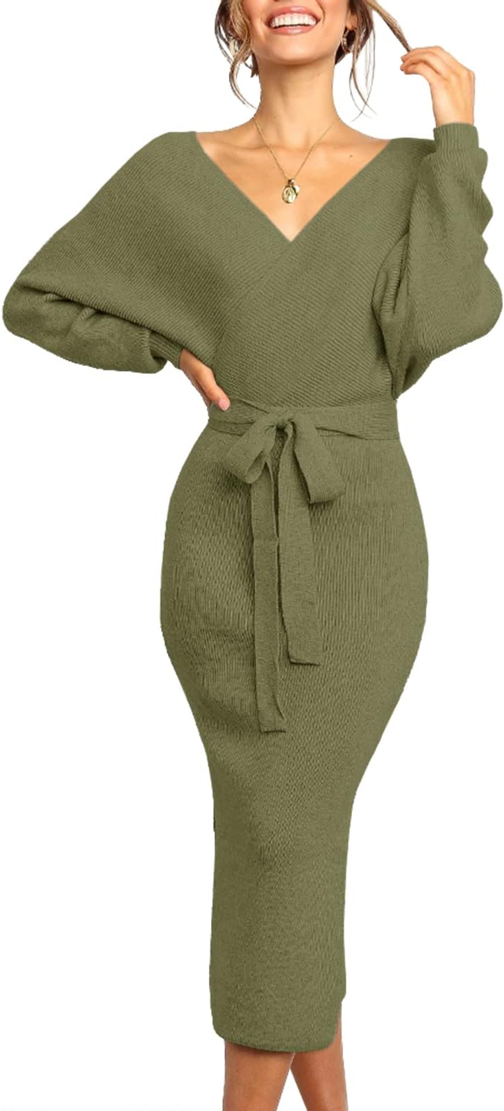 Chang Yun Women's Long Maxi Sweater Dresses Sexy Wrap Batwing V Neck Slit Open Back Holiday Bodycon Dress with Belt