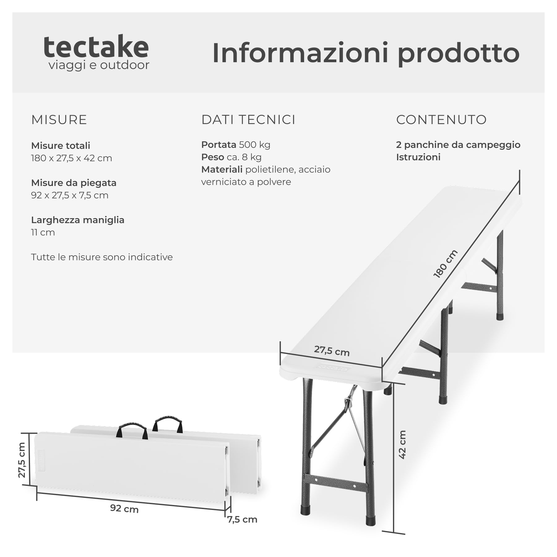 tectake® Set 2x Panchina da esterno 180x27,5x42 cm, Set 2 Panche Pieghevoli da Campeggio Formato Valigia, Struttura in Acciaio, Blocco di sicurezza, Ideale per Giardino, Campeggio, Spiaggia - Bianco