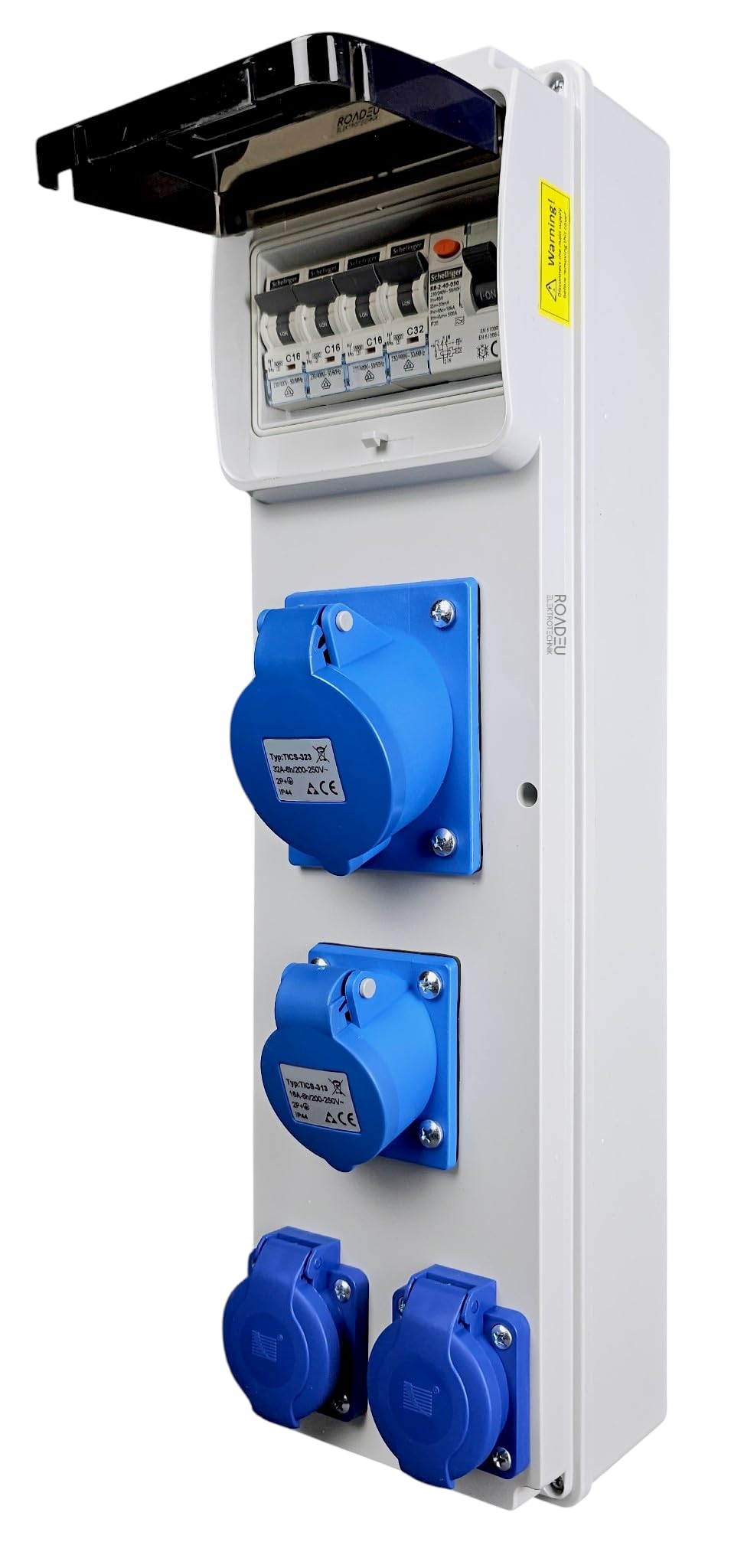 RoadEu Quadro elettrico 230V IP44 con differenziale 40A 30mA e magnetotermici | 1 presa CEE 32A, 1 CEE 16A 3P e 2 Schuko | quadro da parete precablato