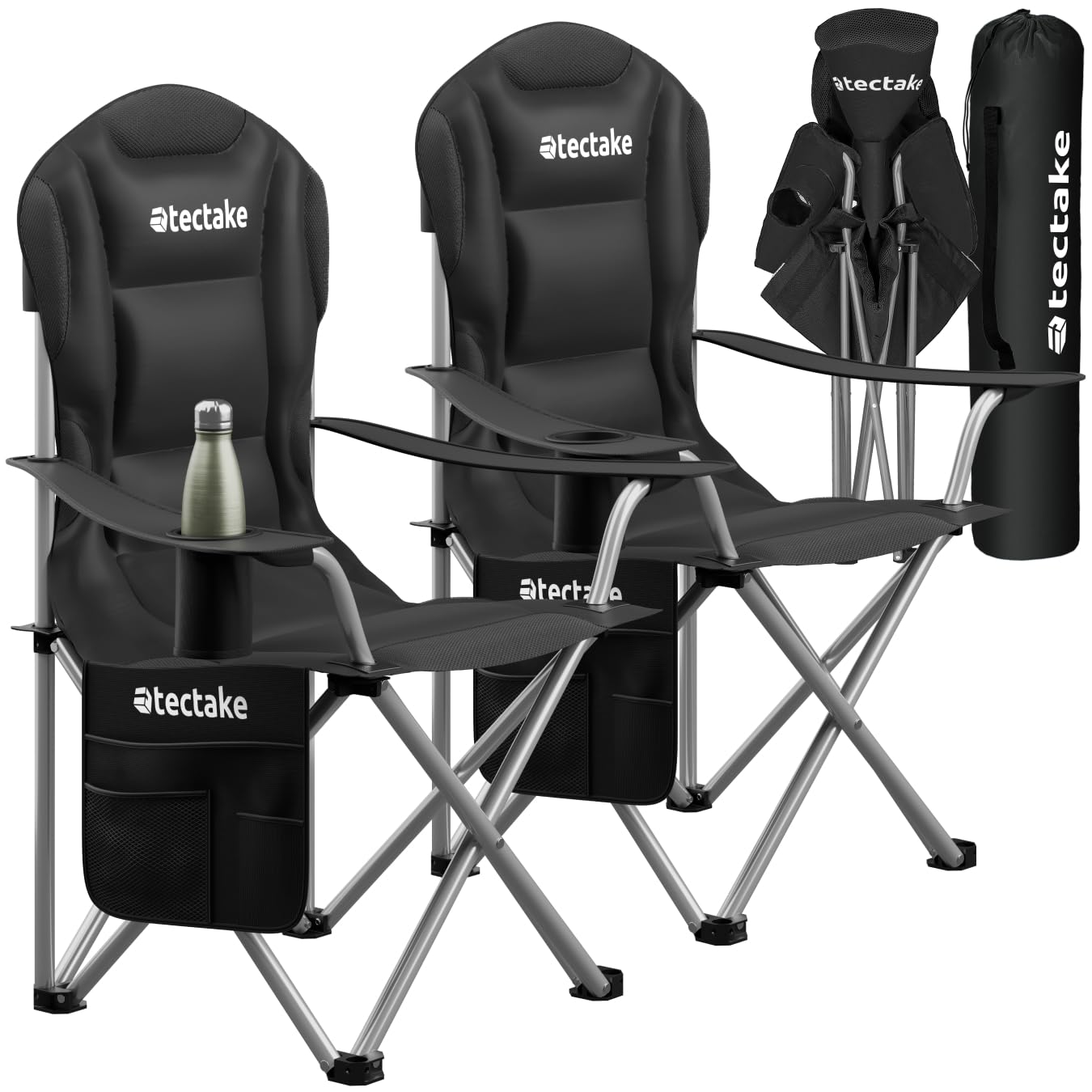 tectake® Lot de 2 Chaise Pliante Camping Fauteuil Pliable Ultra léger Rembourrage en Mousse avec Porte Gobelet & Sac de Transport, idéal Chaise Camping Voyages, Pêche, Festival, Plage