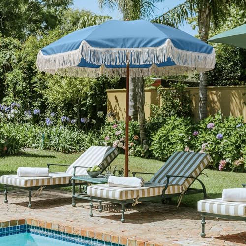 Image of AMMSUN 7ft Patio Umbrella with Fringe Outdoor Tassel Umbrella UPF50+ Premium Steel Pole and Ribs Push Button Tilt, Sky Blue