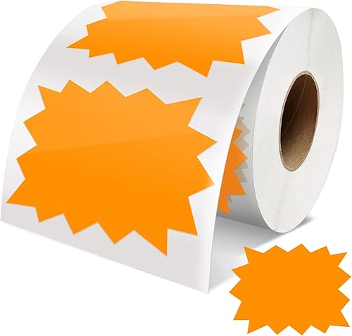 Etiquetas de precio, color naranja, de 4 x 3 pulgadas, autoadhesivas, etiquetas adhesivas de gran venta, letreros de explosión de estrellas,