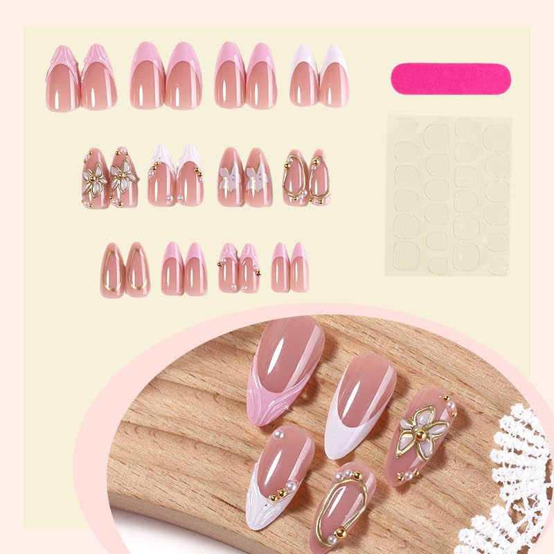 Press on Nails Almond French Nail Art - Gilded Flower