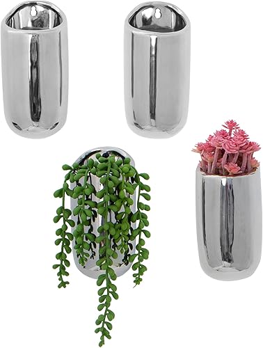 MyGift Juego de 4 macetas modernas de cerámica metálica para colgar en la pared, maceta cilíndrica para suculentas, maceta para suculentas
