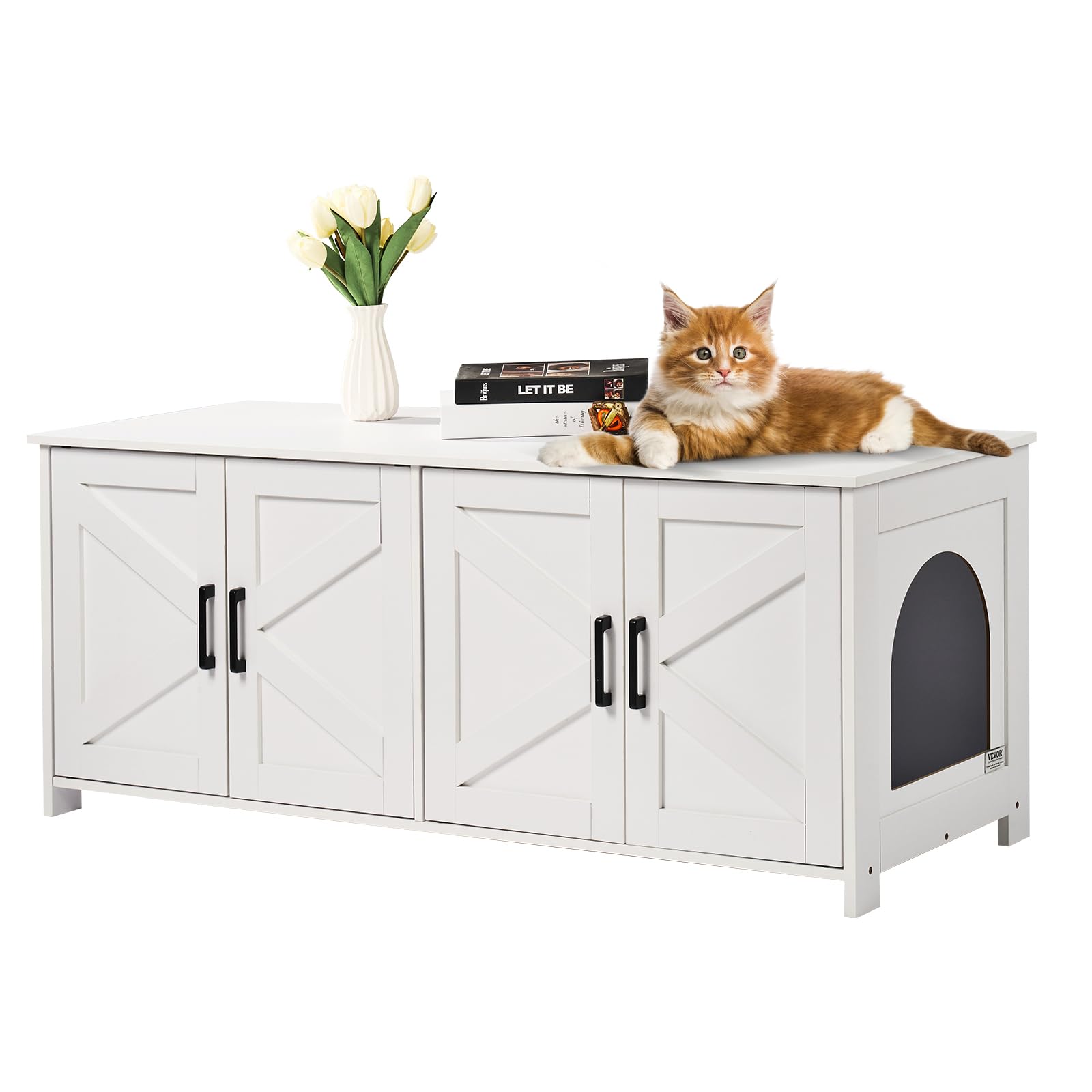 VEVOR Cat Litter Box Enclosure for 2 Cats, Litter Box Furniture Hidden with Double Rooms, Wooden Cat Box Cabinet Fit Most of Litter Box, 47.2" L x 18.5" W x 19.7" H, White