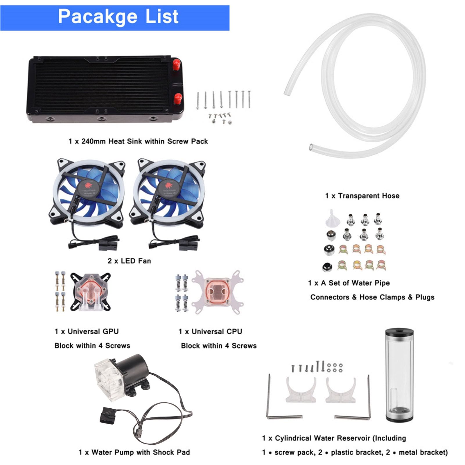Akozon Kit de Refrigeración Líquida DIY de 240 Mm para CPU/GPU con Bomba, Depósito, Ventiladores LED y Disipador de Calor para un Rendimiento de Overclocking Mejorado