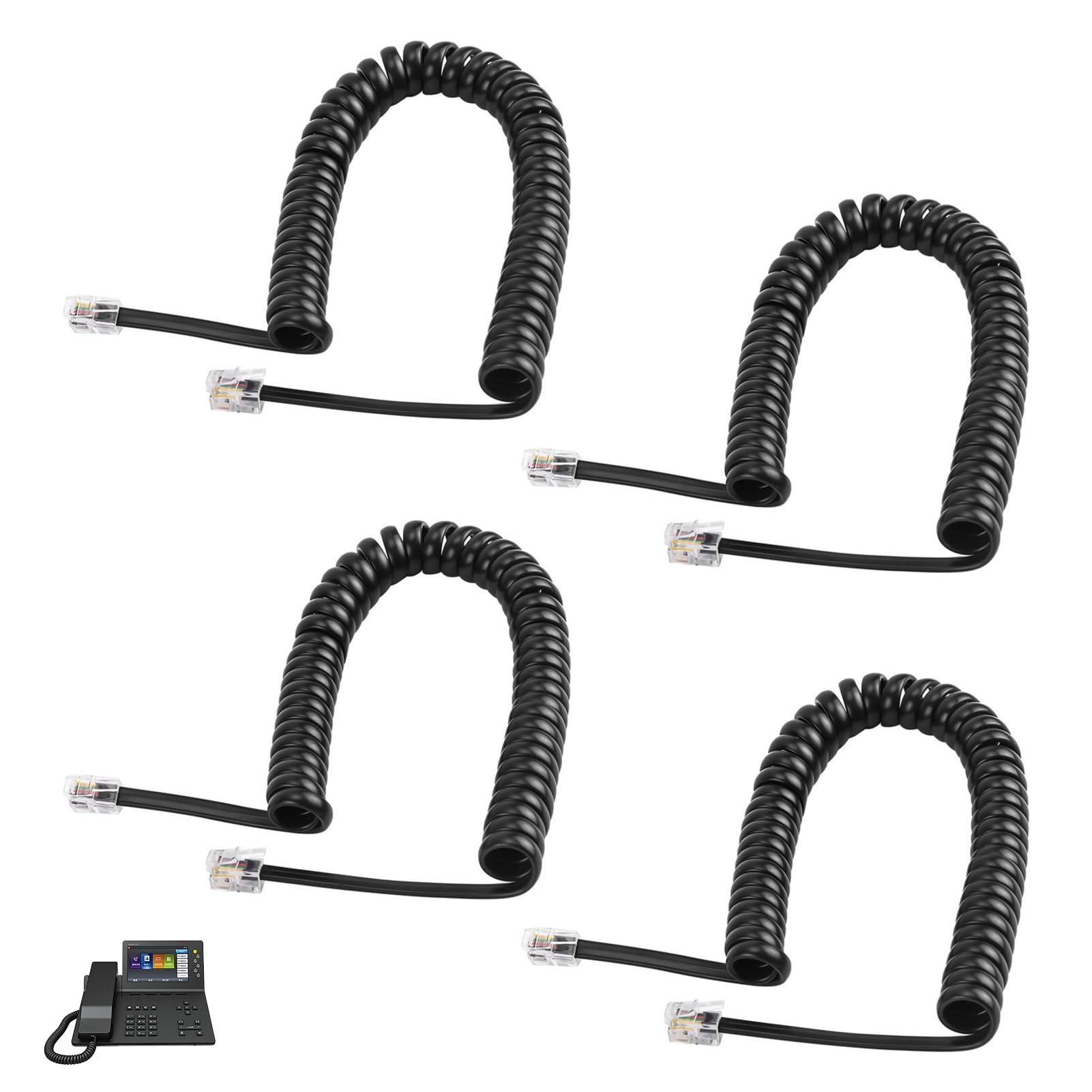 Lot de 4 Câble Téléphonique RJ9 4P4C Spiralé 5m Étendu Câble Combiné Téléphone Fixe Noir Fil de Remplacement pour Téléphone Bureau Maison Standard Universel Compatible Téléphones Fixes et Combinés