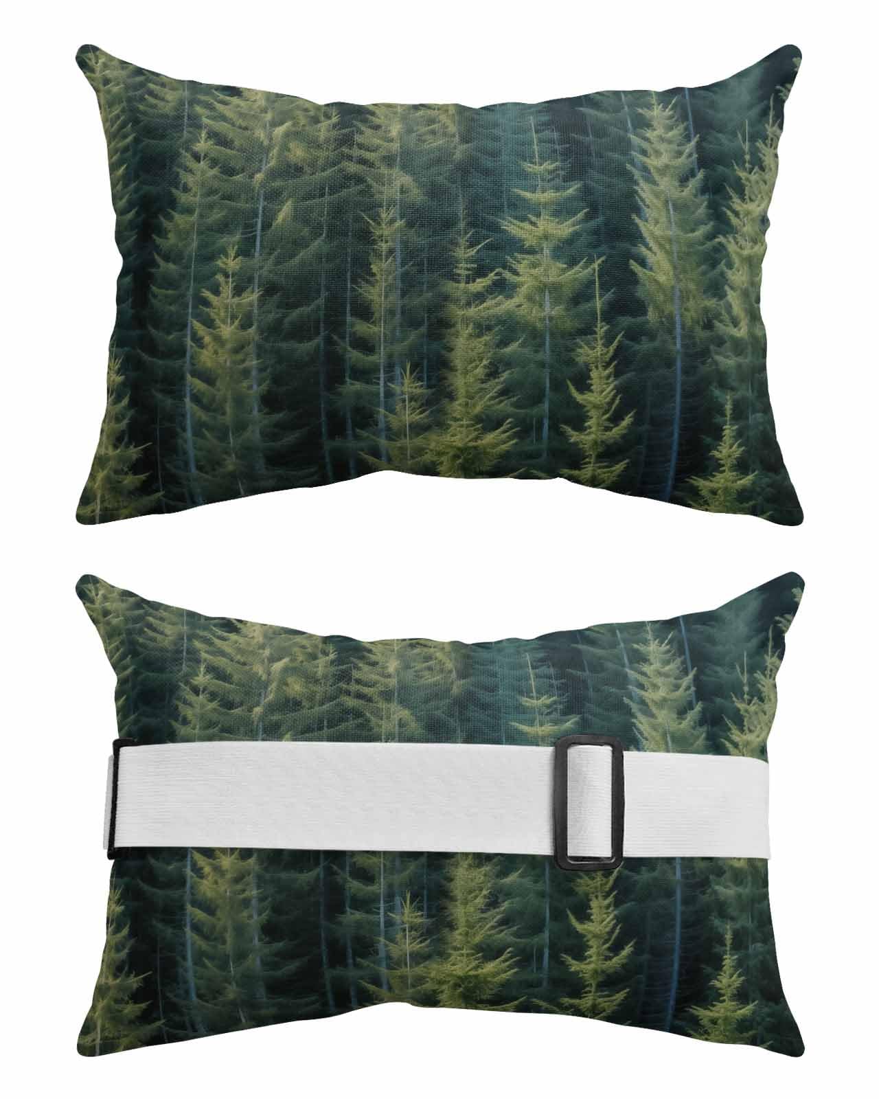 Forest Outdoor Beach Pool Chaise Lounge Chair Head Throw Pillow Covers 11x16 With Insert And Elastic Stripe Set of 2,Lumbar Cushion Pillow Cases,Green Rustic Cabin Lodge Farmhouse Pine Trees