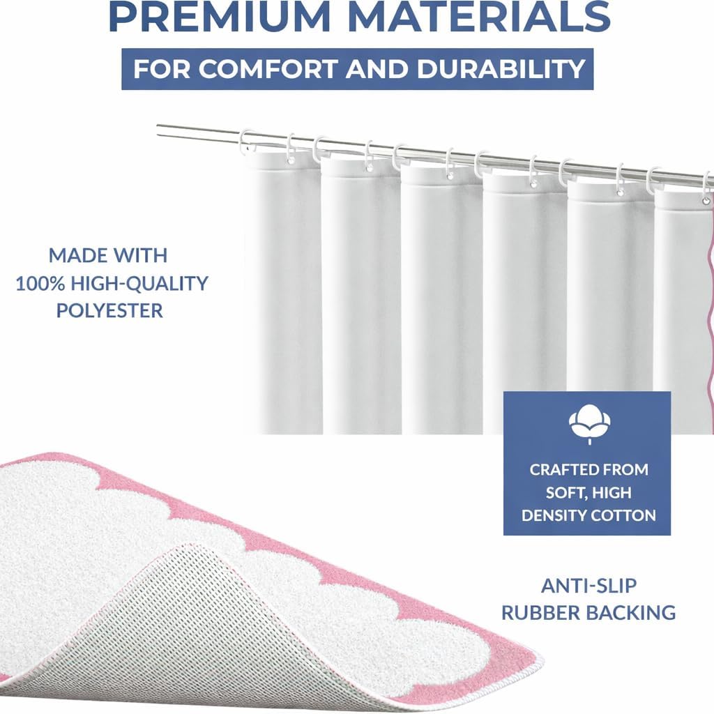 Hutch & Harbor Scalloped Shower Curtain Set, Water-Resistant Fabric Bath Curtain with Mat and Hooks, Modern Bathroom Decor, 72 x 72 Inch (White with Pink Trim)