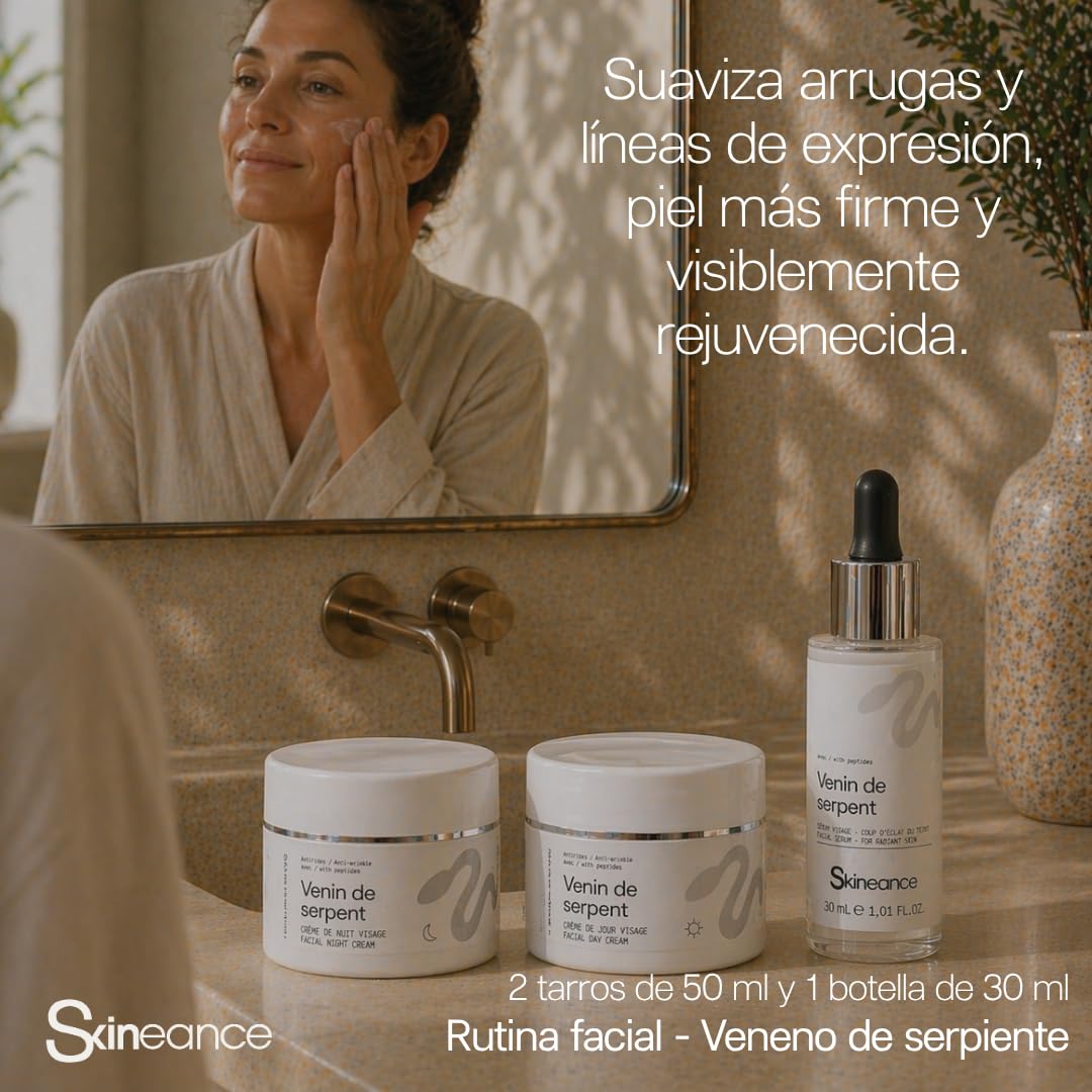 SKINEANCE - TRIO Syn-ake ULTRA - Activos anti-edad avanzados - Crema de día 50 ml - Crema de noche 50 ml - Serum facial 30 ml - Reduce arrugas de expresión, líneas finas, bolsas y ojeras