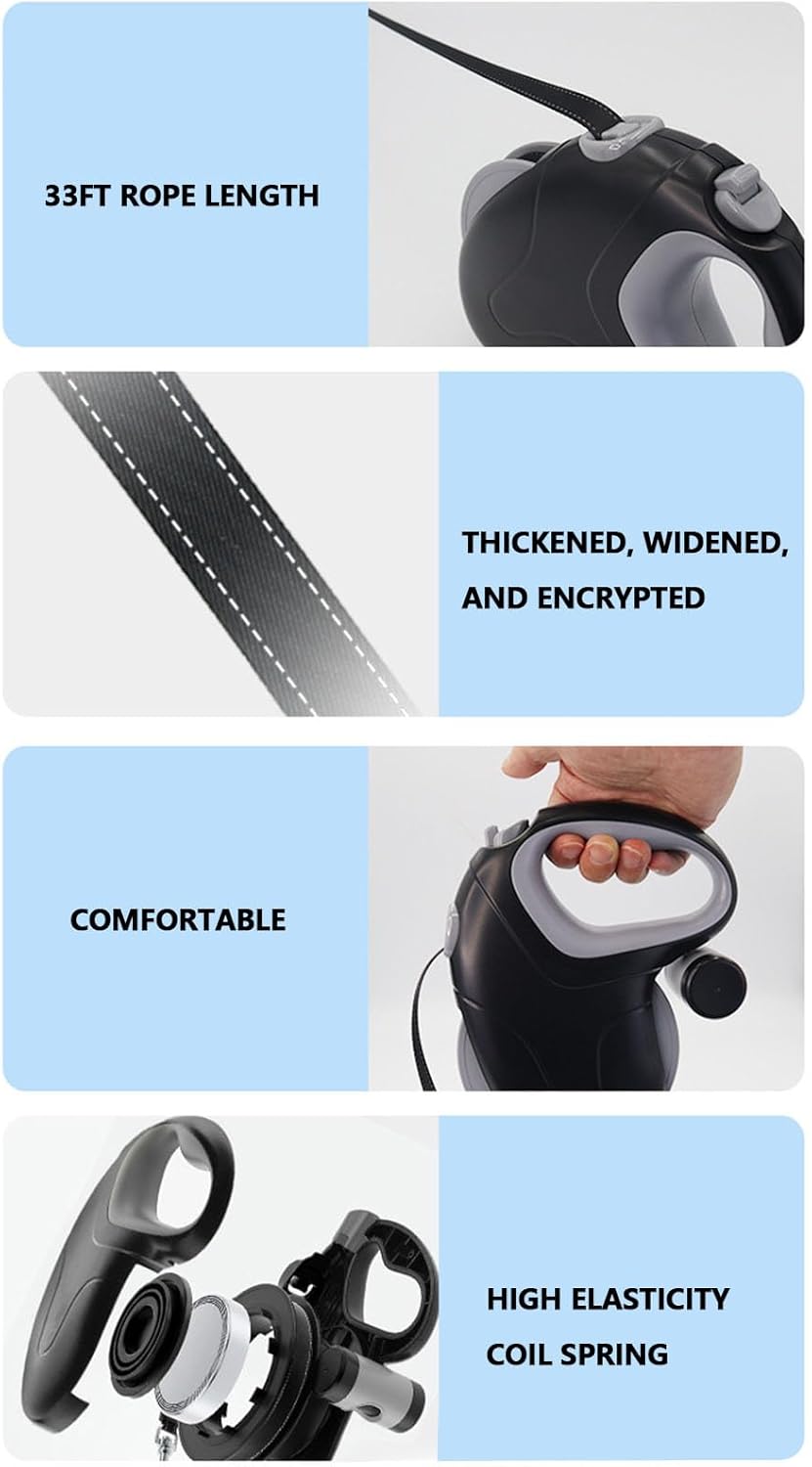 Yoidesu 33ft Retractable Dog Leash, 360 Anti Winding Heavy Duty Dog Leash for Large Dogs up to 110lbs, Reflective Leashes with Non Slip Handle, Waste Bag Dispenser (Black 10M Reflective Wire)