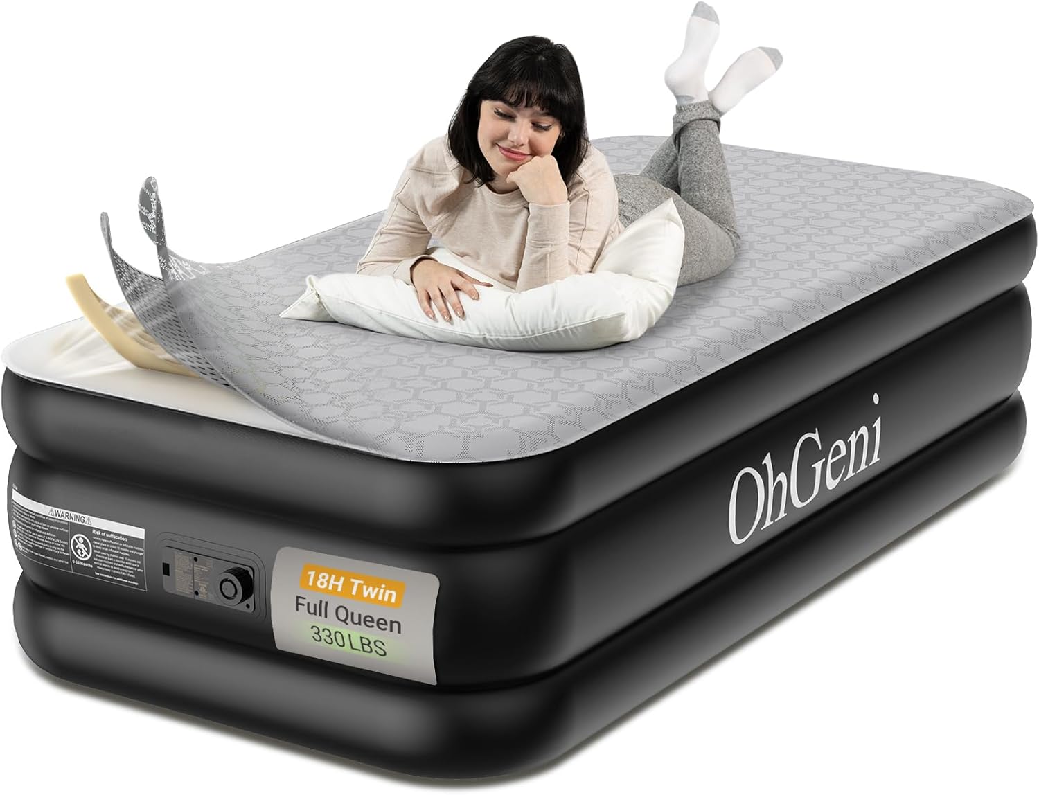 OhGeni 18″ Luxury Twin Air Mattress with Built-in Pump, Inflatable Bed with Silk Foam Topper for Superior Comfort, Premium Blow-Up Mattress for Home, Camping & Guests, Easy Setup, Extra Support, Black