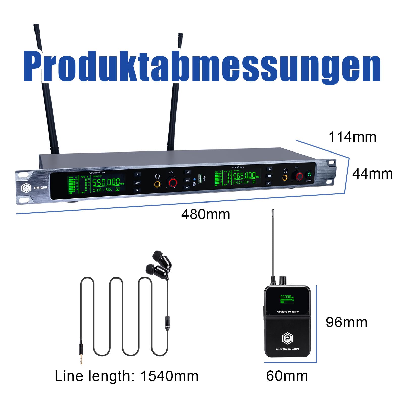 EM200 UHF Kabelloses In-Ear-Monitorsystem 2 Kanal mit 6 Körpersendern – IEM System für Musiker, Bühne, Bandprobe, Live Auftritt, Studio und Kirche