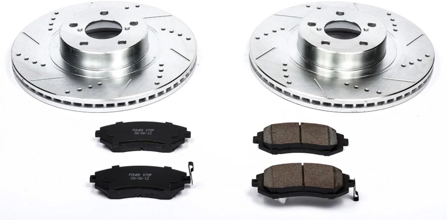 PowerStop Front Brake Kit For Subaru Baja 2004-06 |Forester 2009-10 |Impreza 2008-10 |Legacy 2006-12 |Outback 2005-12 - Drilled and Slotted Disc Rotors with Ceramic Brake Pads Replacement, K3038