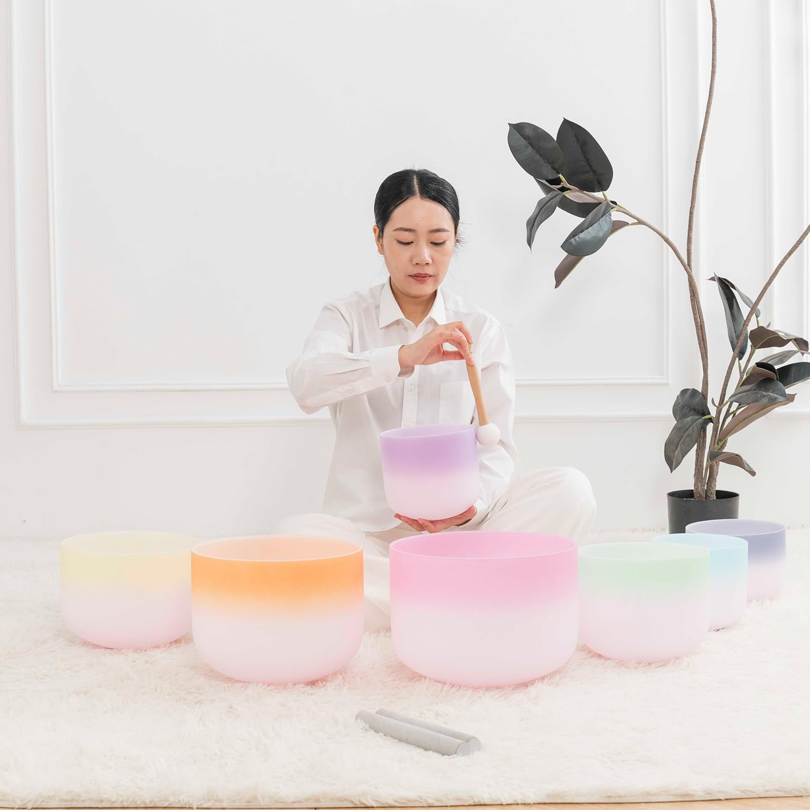 Hye-eun Kristall - Juego de cuencos de sonido de 7 piezas, 432 Hz, 10,9-30,5 cm, con arco iris bicolor – Cuenco de sonido de cuarzo, bolsa de transporte y palo de piel de oveja para yoga, meditación y