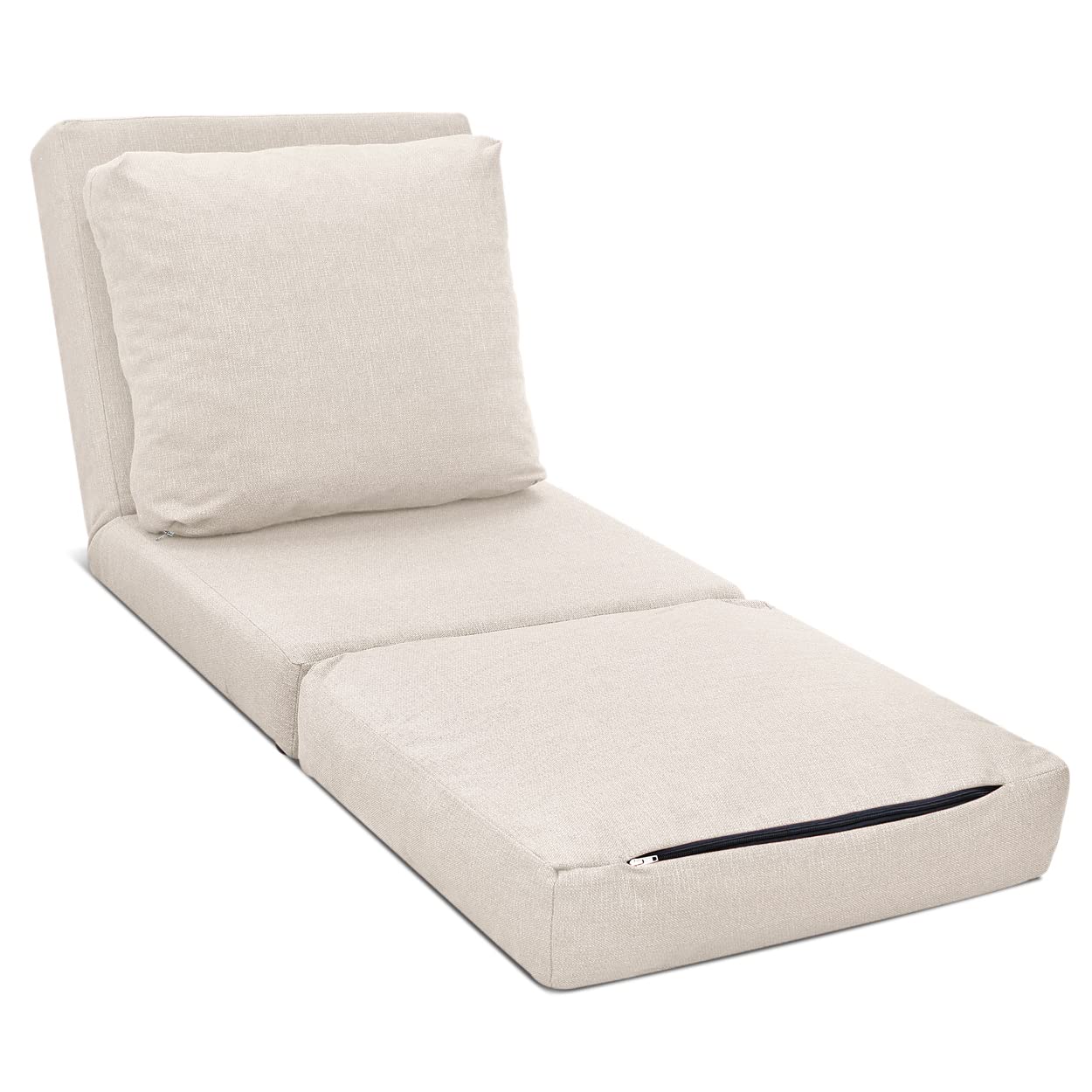 EVERGREENWEB - Piccolo Divano Letto Salvaspazio, Poltrona con Schienale Pieghevole 5 Livelli, Tessuto Sfoderabile Beige, Comodo Pouf Letto 2in1 Trasformabile in Materasso Singolo, Cuscino Rimuovibile