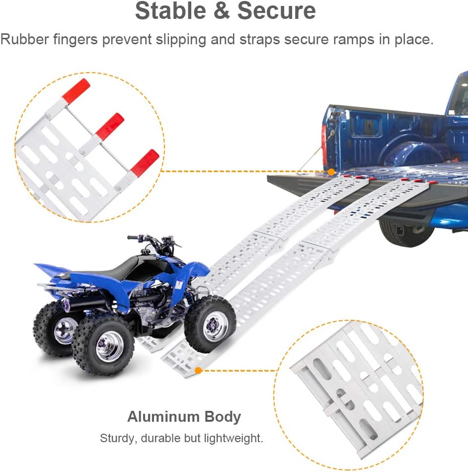 TUFFIOM 7ft Aluminum Truck Ramps 1500lbs Capacity,2pcs Folding Loading ATV Ramps for Pickup Trucks Bed, Trailer Ramp with Load Straps for UTV/Motorcycle/Lawn Mower/Dirt Bike，Lightweight & Portable