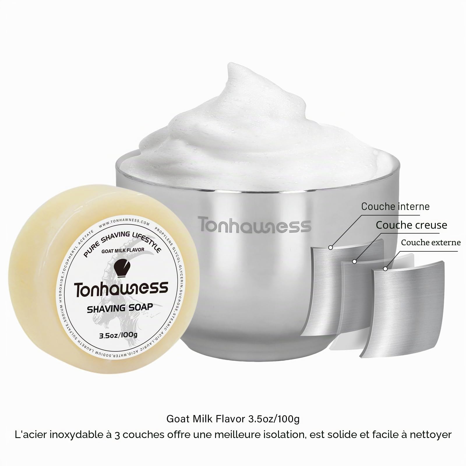 Blaireau de rasage en poils de blaireau avec manche en bois, savon de rasage au lait de chèvre, base à double anneau en acier inoxydable et bol de rasage à 3 couches pour homme (bois avec poils de