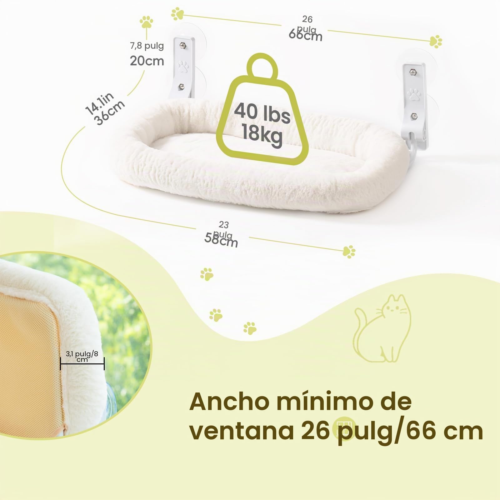 EDAGNY Cama para Gatos Ventana Felpa, Cama Gato Ventana Plegable para Gatos de Interior, con Cubierta Gruesa Extraíble, Hamaca Ventana Gato Soporta hasta 18 kg (Verde, L)