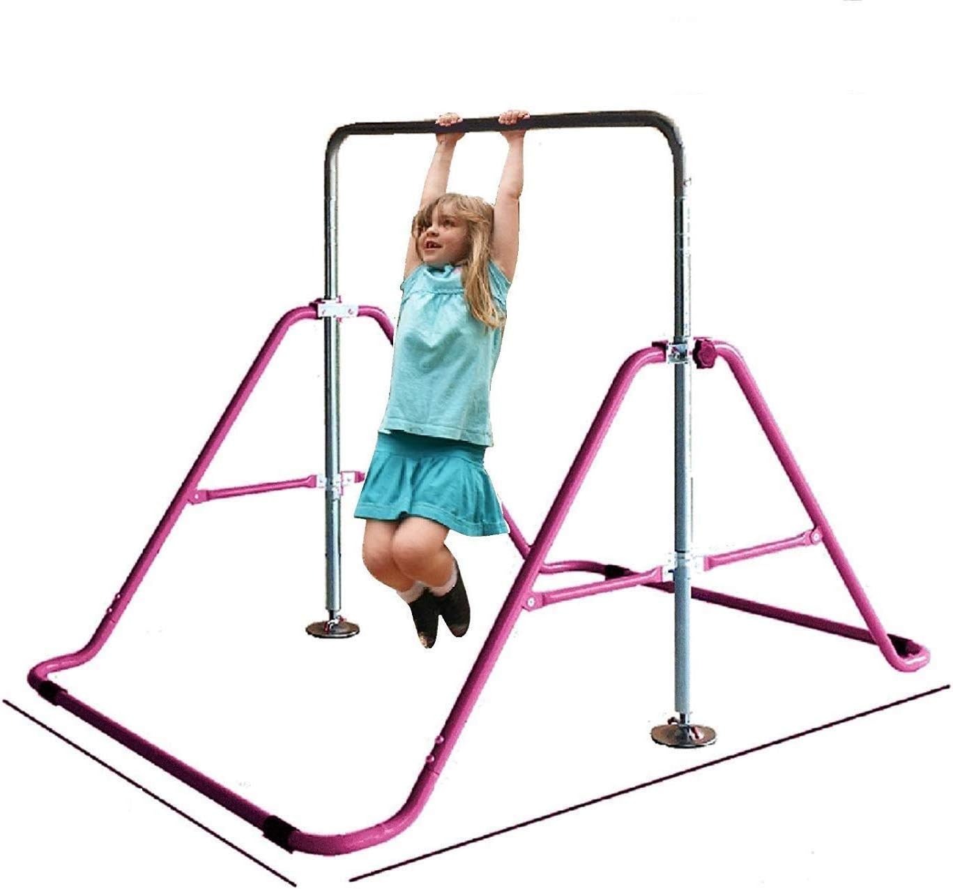 JungleKids Gymnastic Bars for Kids 3 in 1 Set with Swing Seat & 2 Trapeze Rings | Adjustable Height Folding Gymnastics Training Kip Bar for Home | Junior Horizontal Bar Expandable Monkey Bar Pink