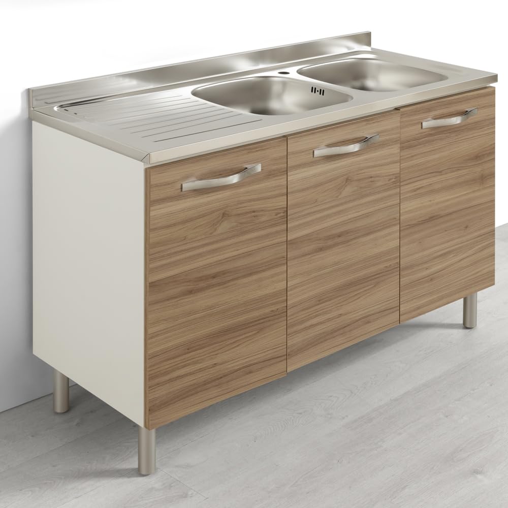 REDÒKASA Sotto lavello per cucina componibile da 120 cm con 3 ante linea MAKA, realizzata in legno 100% MADE IN ITALY (Con lavello vasche a Destra, Noce)