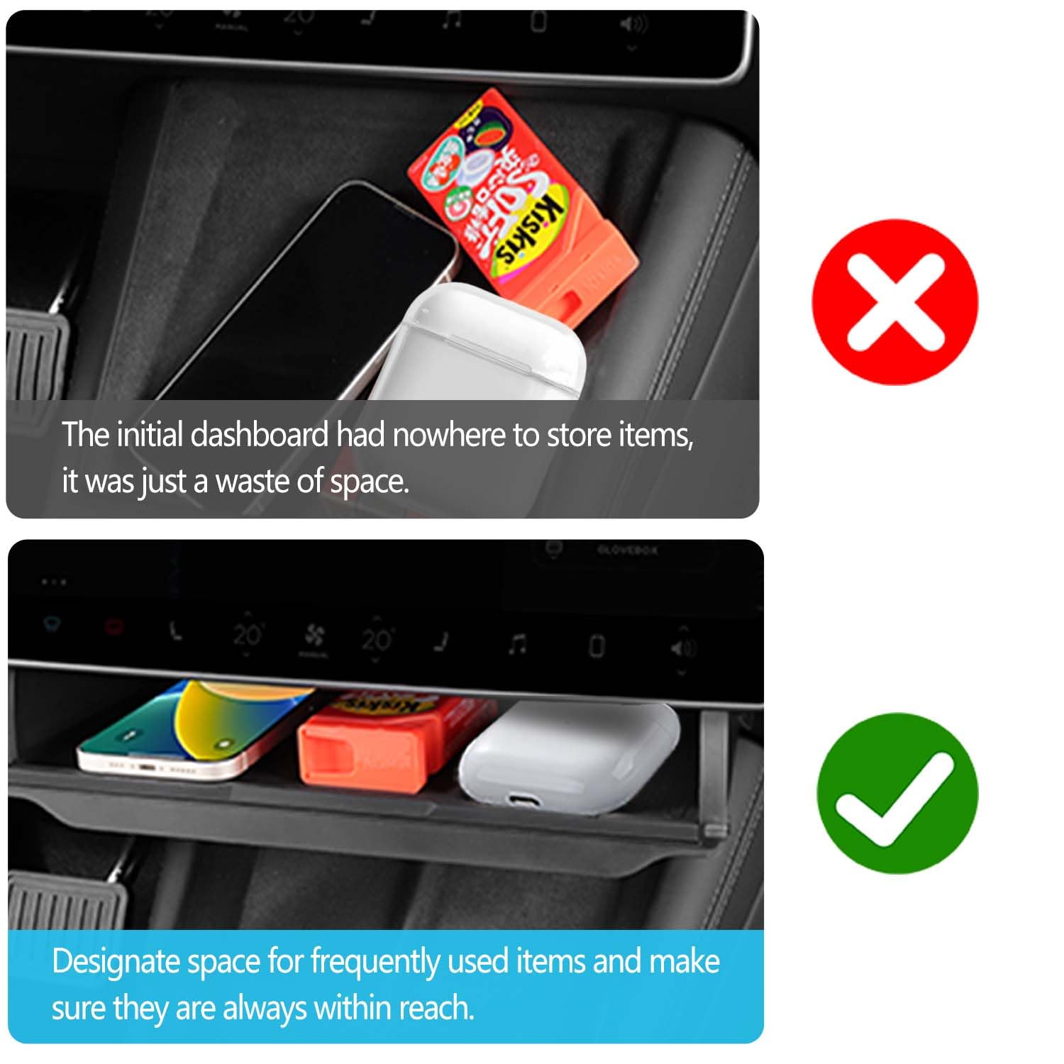 Scatola Portaoggetti Nascosta sotto Lo Schermo per Tesla Model 3 Highland，Organizer per Console Centrale con Cuscinetto in Silicone Antiscivolo per Tesla Model 3 Vassoio 2024