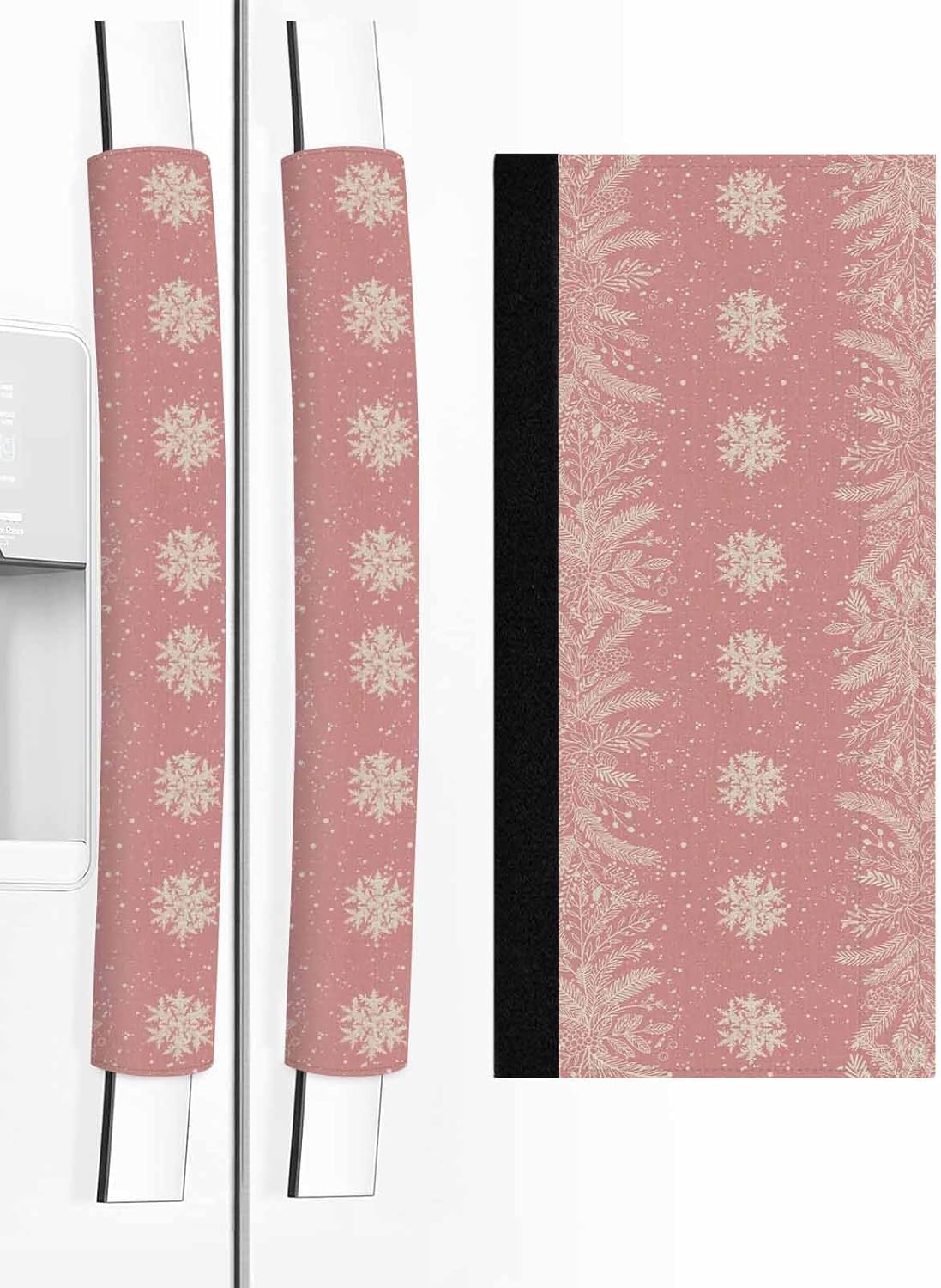 Blush Pink Snowflakes Refrigerator Door Handle Covers Set of 2 for Dishwasher Microwave Oven Fridge Stove Appliance Door Handles,Washable Kitchen Decor Accessories,Merry Christmas Winter Pine Leaves