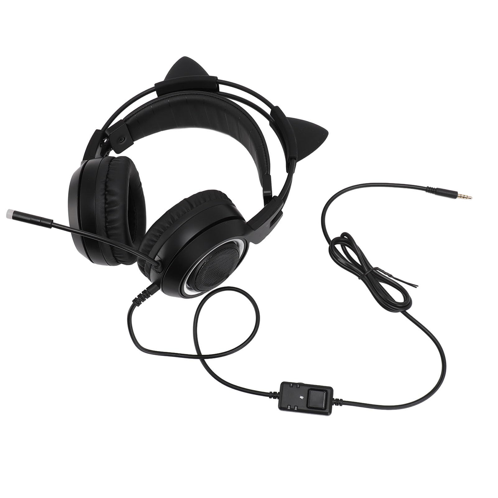 Zestaw Słuchawkowy do Gier Cute Cat Ears 3,5 Mm Stereofoniczny Zestaw Słuchawkowy z redukcją Szumów Nauszne Słuchawki z Mikrofonem dla Dziewcząt PC Phone, Plug and Play dla Kobiet (Czarny)