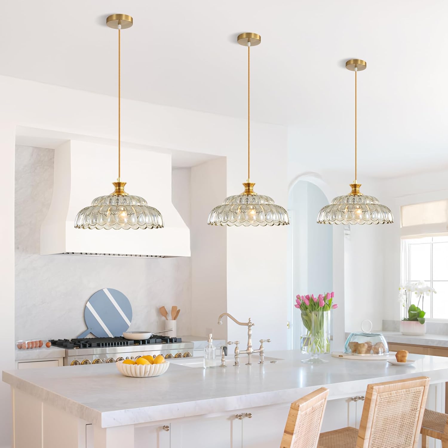 Glass Pendant Light Fixtures, Amber Glass Pendant Lights Kitchen Island, 11.8 inch Brass Ceiling Hanging Lamp,Mid Century 1-Light Chandelier Light Fixtures for Bedroom Dining Room