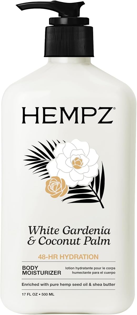 Loción hidratante corporal Hempz - Gardenia blanca y palma de coco - Crema hidratante diaria, manteca de karité, aceite de coco - Productos para el cuidado de la piel, aceite de semilla de cáñamo totalmente natural - 17 onzas líquidas | Extracto de arroz, aceite de coco y manteca de karité, aceite de semilla de cáñamo para piel seca, hidratación durante 48 horas, vegano y libre de crueldad animal, sin parabenos