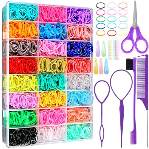 Image of auroray 24 Colors Rubber Bands for Hair, 2300 Pcs Elastic Hair Bands Baby Girl Hair Ties Mini Hair Rubber Bands with 5 Hair Styling Tools 20 Hair Clips Hair Accessories for Toddler Baby Girl Kids
