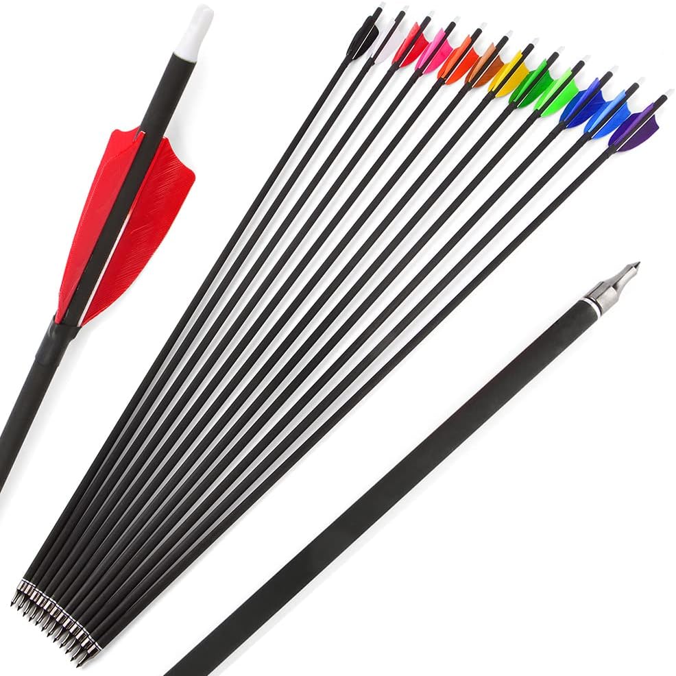 ZSHJGJR 30inch Archery Carbon Arrow Hunting Arrows with 100 Grain Removable Tips 500 Spine for Archery Compound & Recurve & Traditional Bow Target Practice Shooting 6/12pcs
