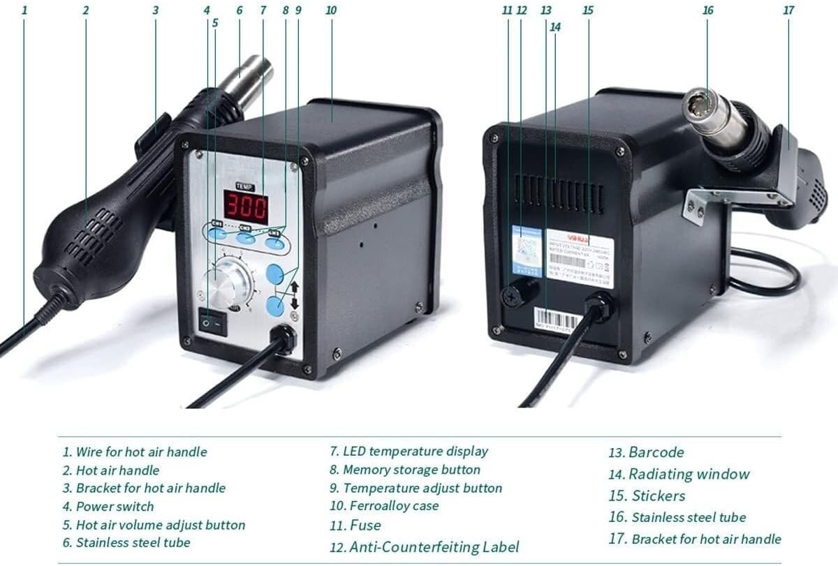 Digital Hot Air Rework Station, Soldering Station LCD Digital Solder Iron,High Power with 3 Memories, °F /°C Display Accurate Temp