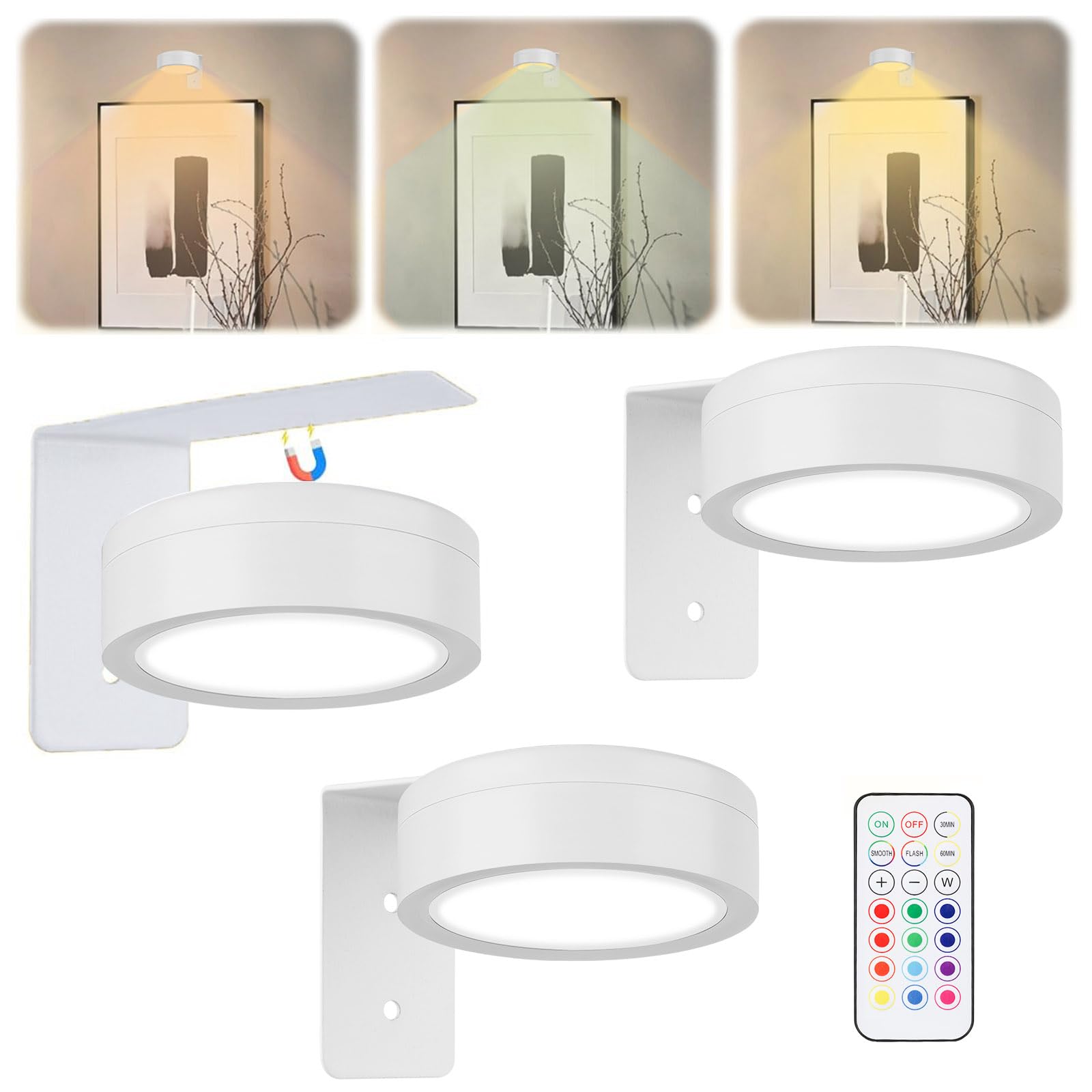 3 PCS Picture Lights for Wall - Remote Control 13 Colors LED Magnetic Wall Lights for Home Bedroom Living Room Photo, Wireless Art Battery Operated Picture Light, Poster Light (White, Need BATTERY)