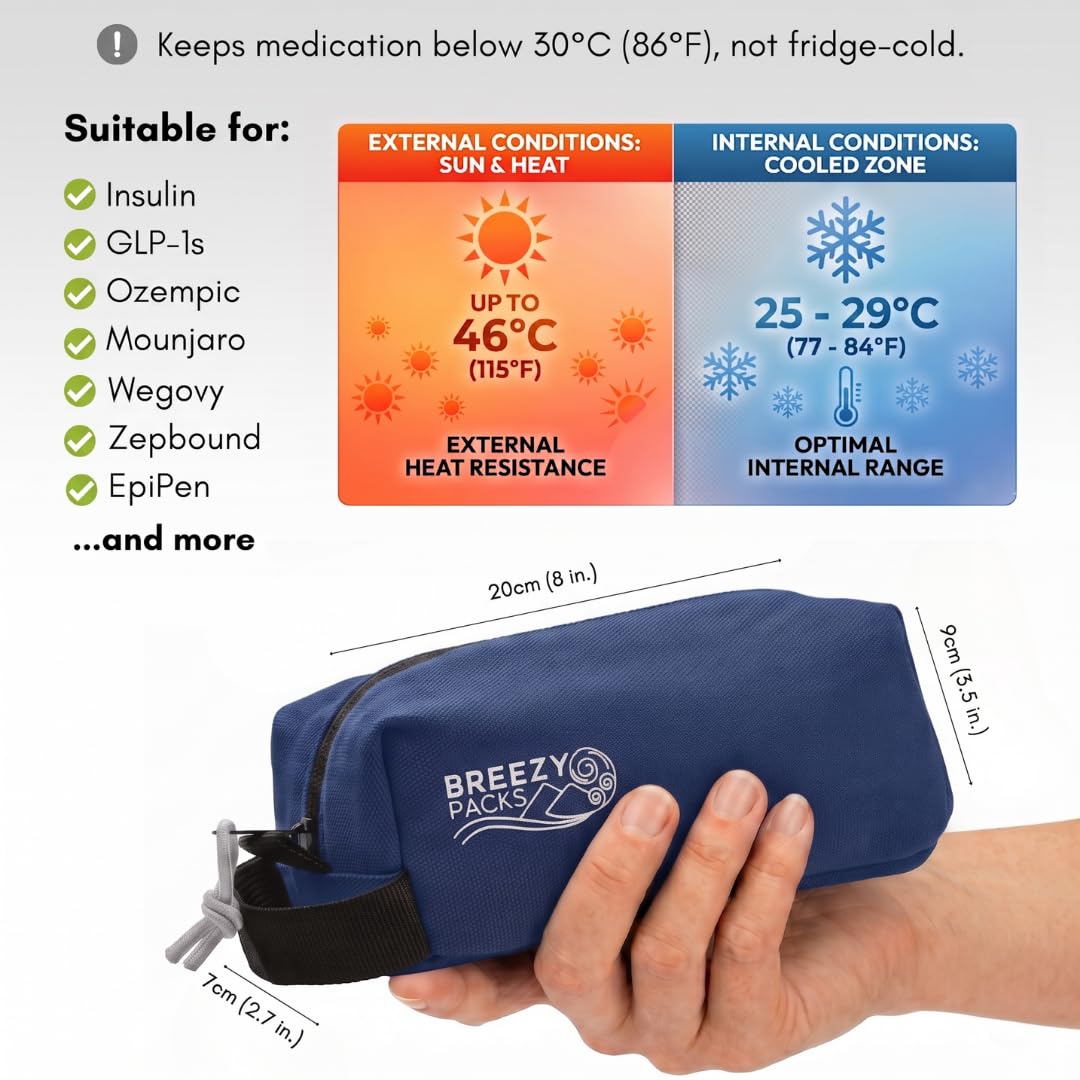 Breezy Extra | BreezyPacks | Insulinstift-Kühltasche für Reisen | EpiPen-Tragetasche, medizinische Kühltasche für Reisen | Lädt sich selbst auf – kein Benetzen, Einfrieren oder Strom erforderlich |