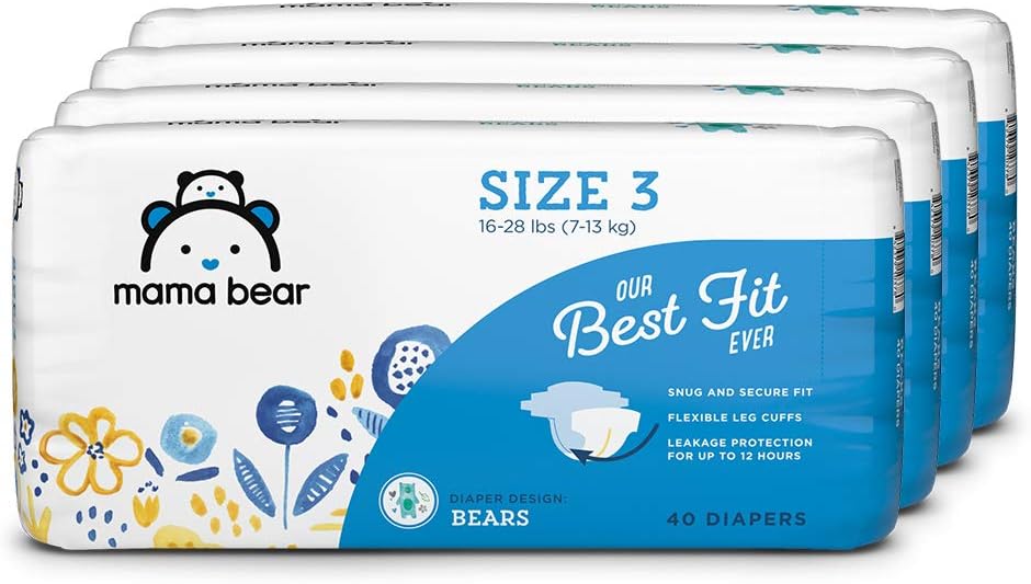 Amazon Brand - Mama Bear Best Fit Diapers Size 3, 160 Count, Bears Print (4 packs of 40) [Packaging May Vary]