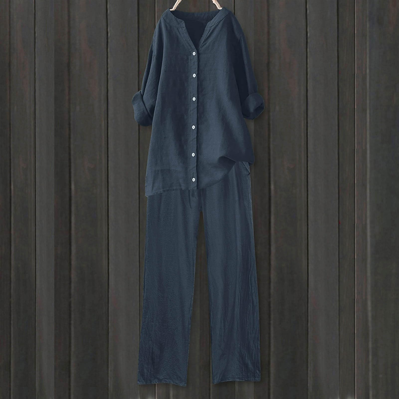 Tenues 2 pièces en lin pour femme - Ensemble de survêtement en coton et lin - Ensemble de survêtement d'été - Haut à manches longues et pantalon large - Ensemble décontracté assorti pour femme