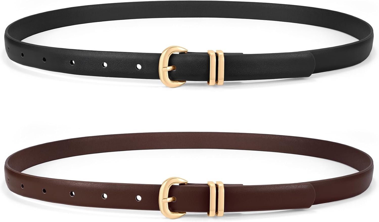 WHIPPY 2 Pack Skinny Leather Belts for Women Thin Ladies Fashion Belt C-Shaped Gold Buckle Black Belt for Jeans Pants Dresses
