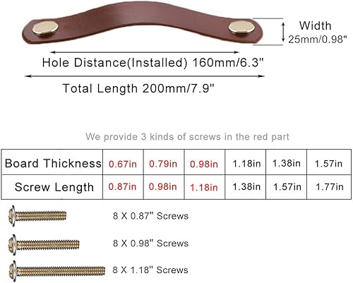 Miniatura 8 de ESreake Paquete de 4 tiradores de cuero genuino suave para cajones, armarios de cocina, pomos de puerta, manijas con tornillos, decoración del