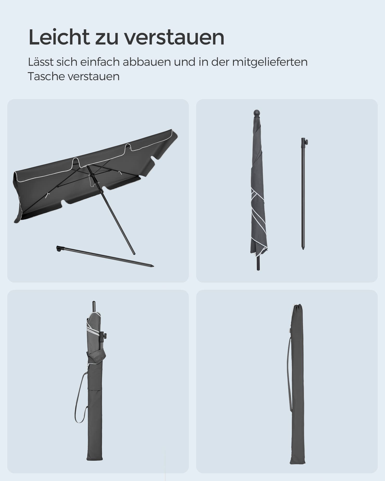 SONGMICS Sonnenschirm 200 x 125 cm, Balkonschirm UPF 50+, Sonnenschutz, beidseitig um 30° knickbar, höhenverstellbar, mit Aufbewahrungstasche, für Garten, Terrasse, ohne Ständer, grau GPU25GY